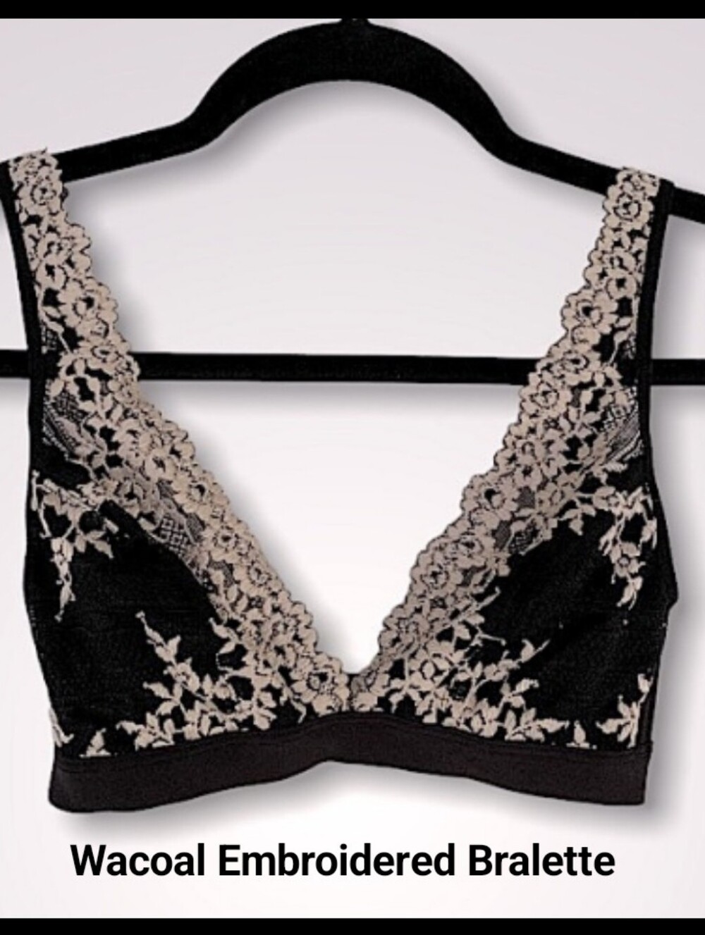 Wacoal Black Bralette Ivory Floral Embroidery Size 34 Lightweight